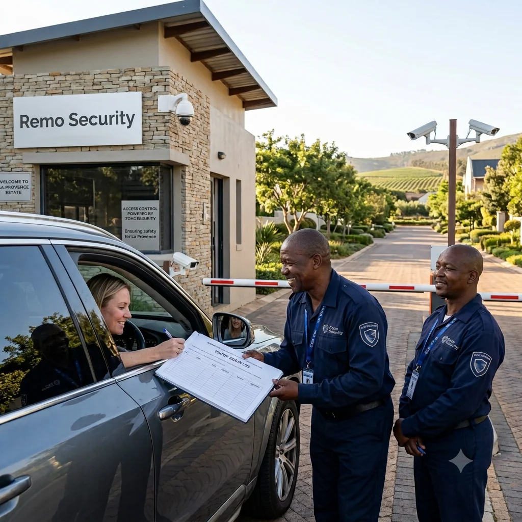 Modern estate security gate with surveillance infrastructure